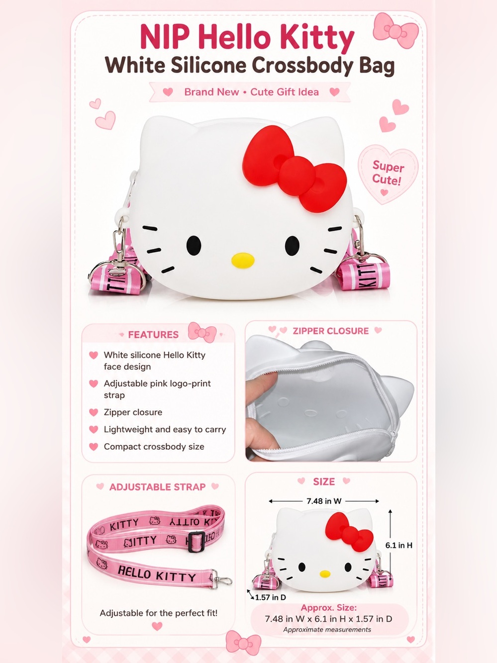 NIP Hello Kitty White Silicone Crossbody Bag Pink Logo Strap - Picture 2 of 5